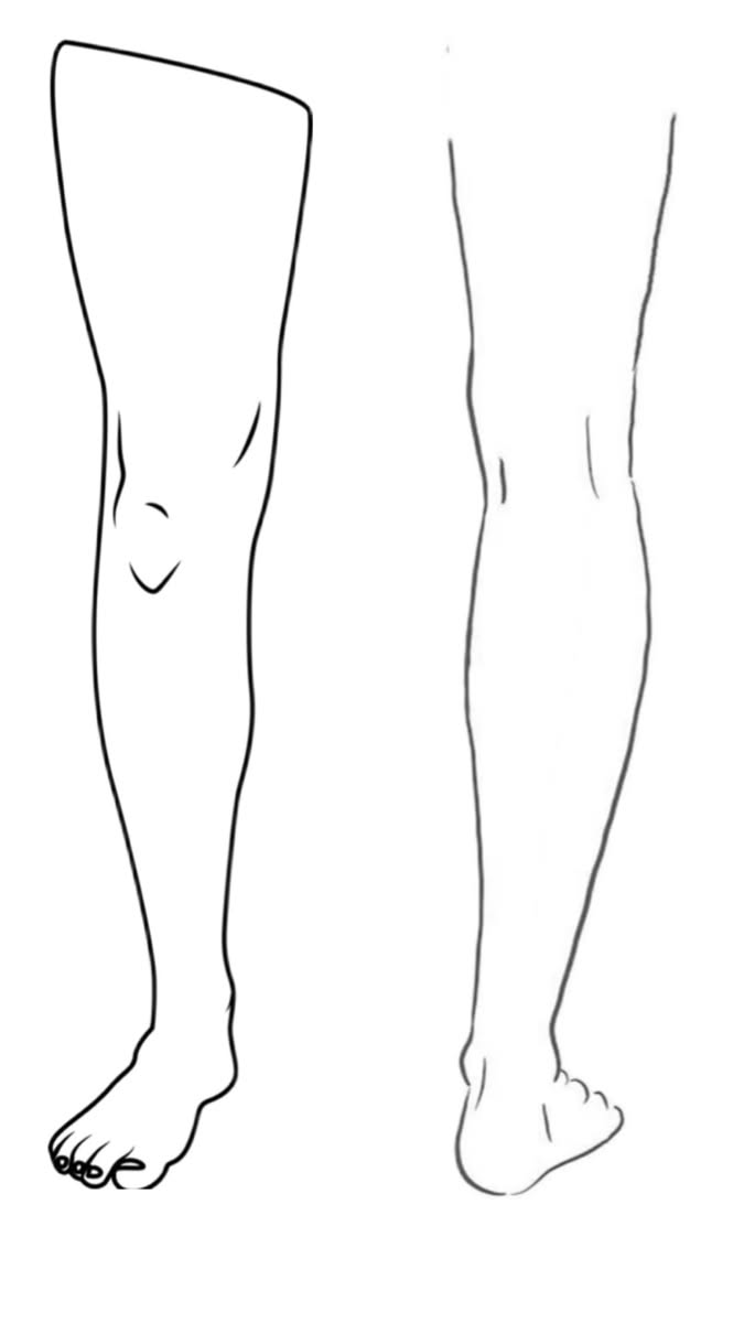 Line art drawing of two legs and feet on a white background