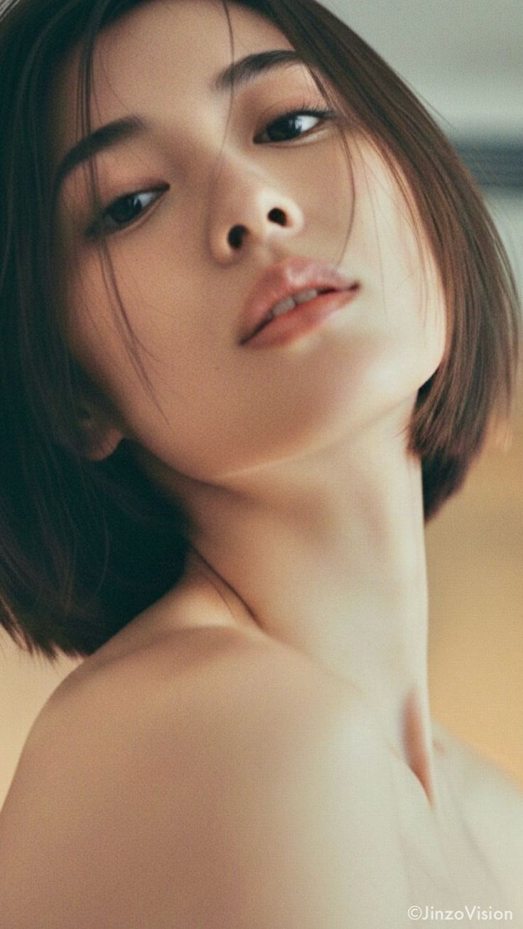 Woman with short hair and exposed shoulders looking up at the camera