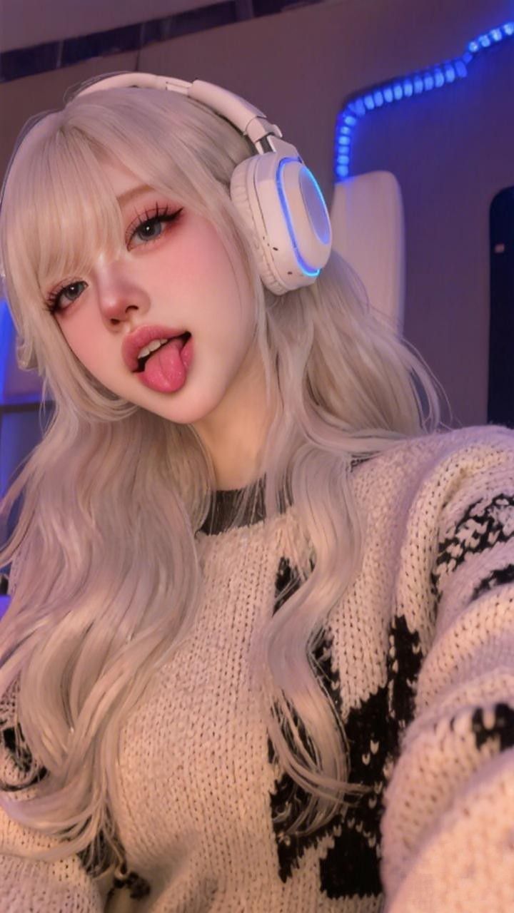 Woman with blonde hair and headphones sticking out her tongue