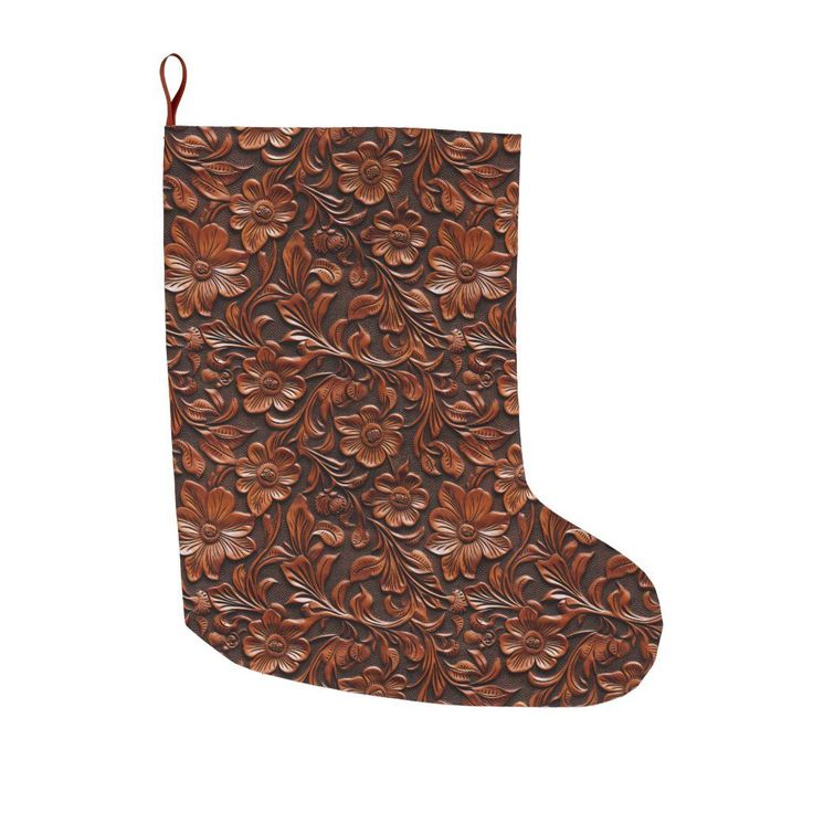 Christmas stocking with a brown tooled leather floral pattern