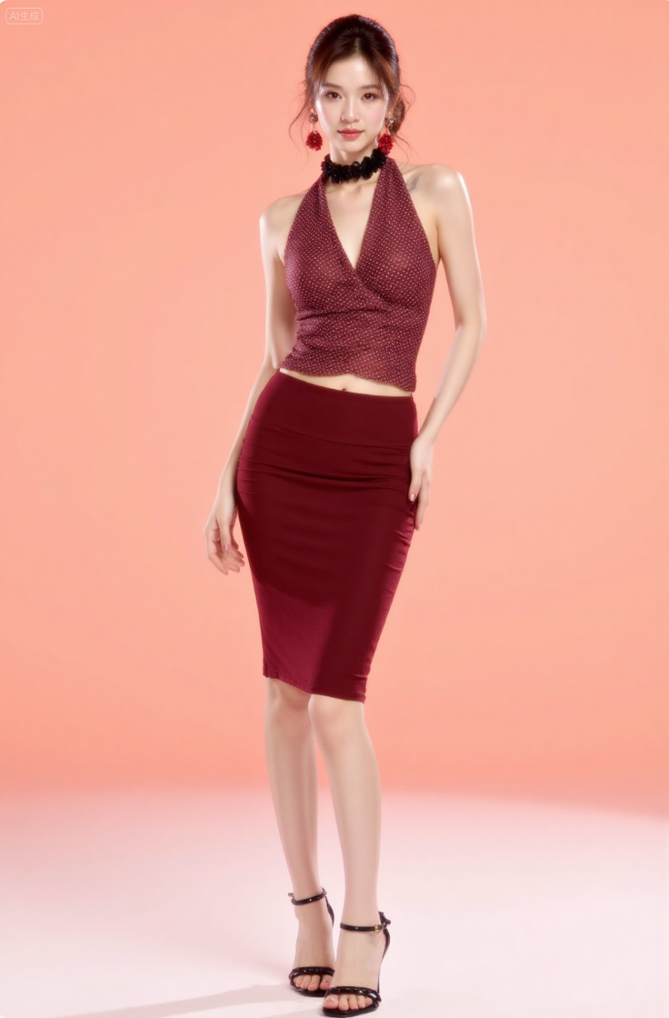 Woman in a red halter top and pencil skirt with a choker and high heels