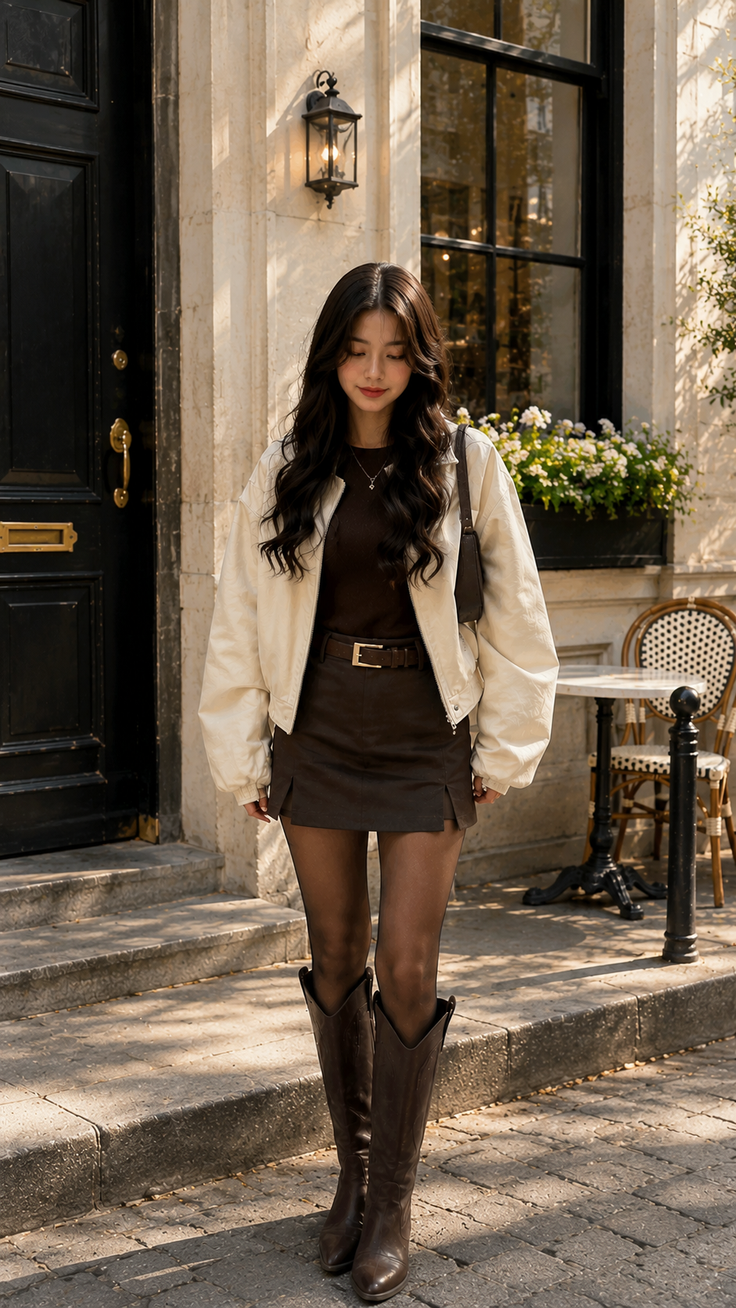 Woman in a white bomber jacket and brown skirt standing on a street