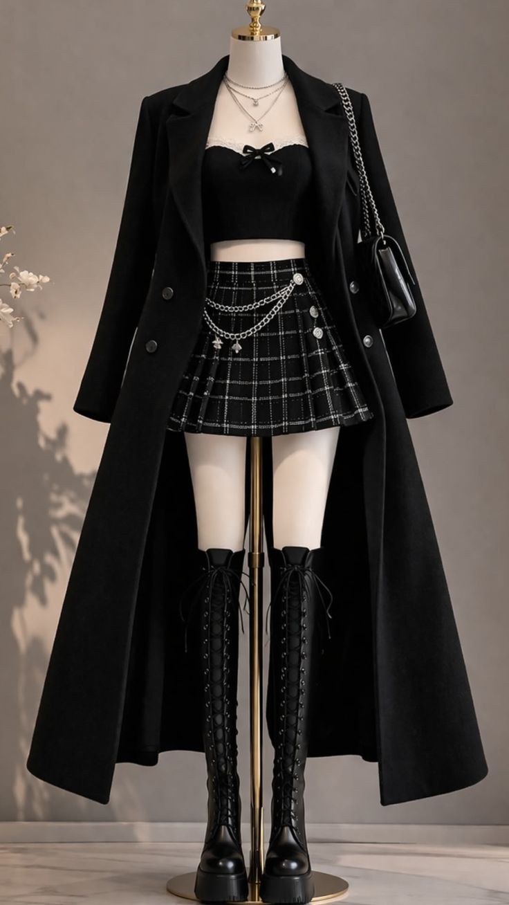 Mannequin displaying a dark aesthetic outfit with a long coat and plaid skirt