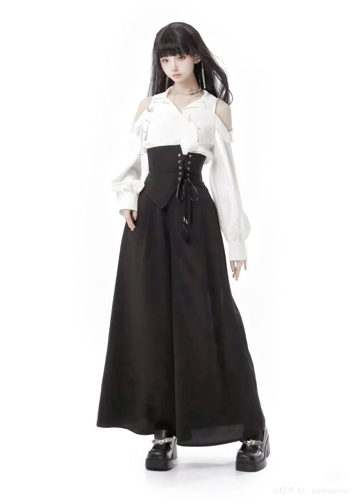 Woman with long black hair wearing a white shirt, corset, and wide leg pants