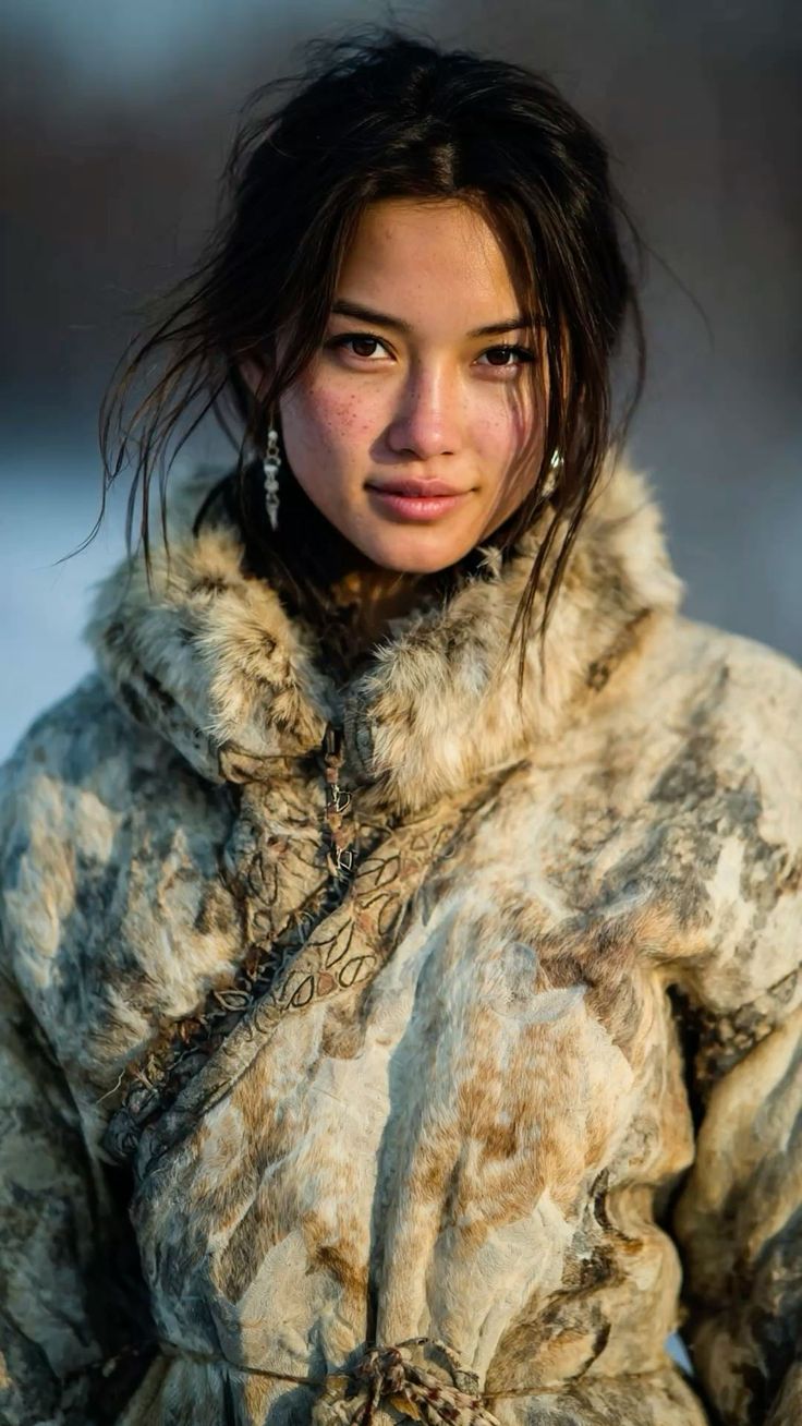 Woman with dark hair and freckles wearing a fur coat outdoors