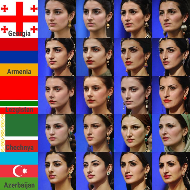 Grid of women with dark hair and earrings against a blue background with flags