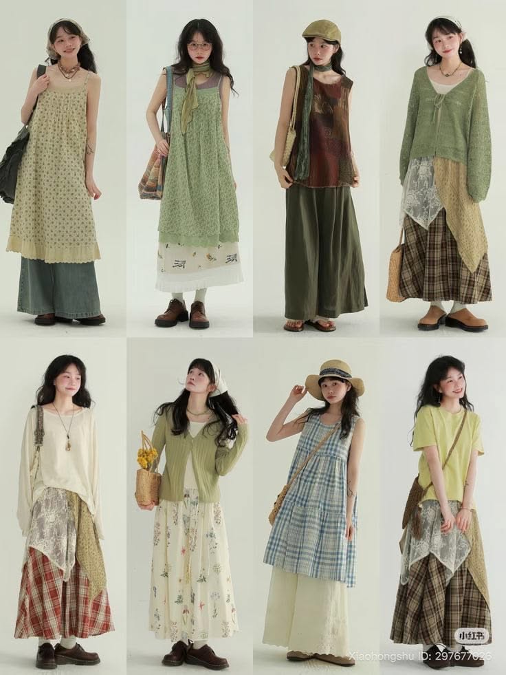 Eight women showcasing various layered, casual outfits in earthy tones