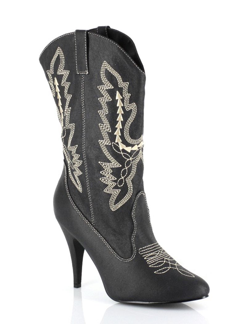 Black cowboy boot with white embroidery and a high heel
