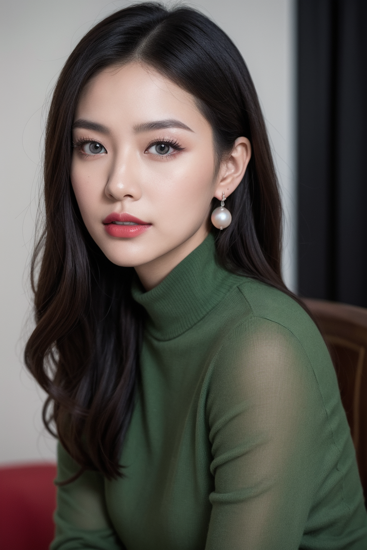 Woman with long dark hair wearing a green turtleneck and pearl earrings