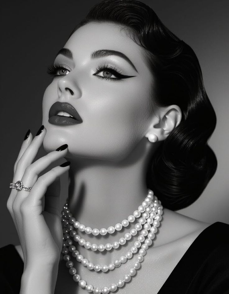 Woman in vintage style with pearl necklace and dramatic makeup