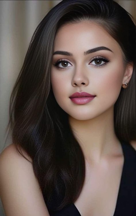 Woman with long dark hair and pink lipstick in a portrait shot